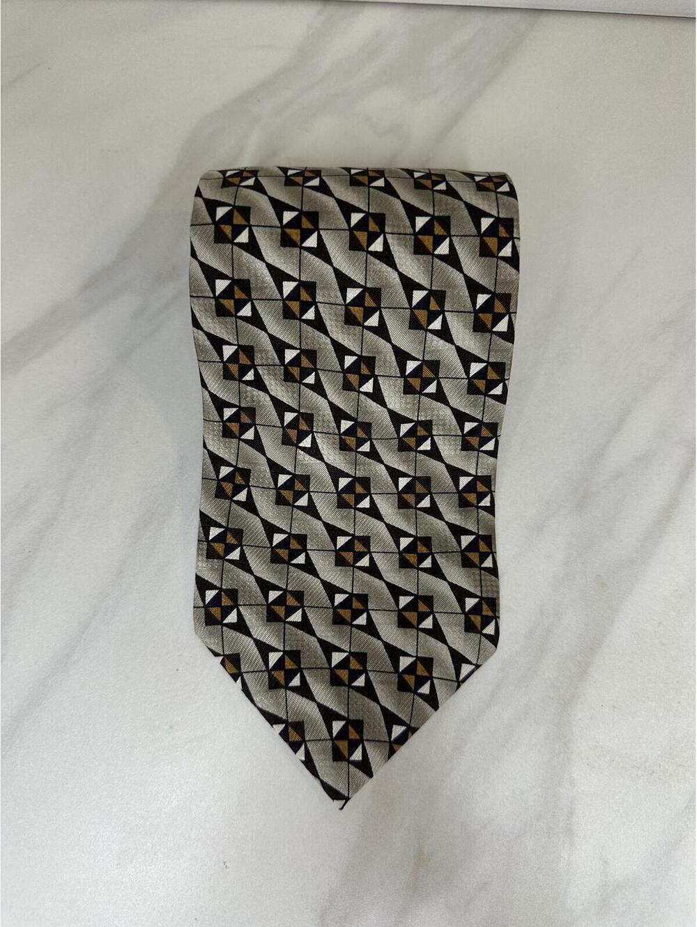Pierre Balmain Paris 100% silk tie geometric brown/tan/beige/white classic